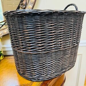 Boho Extra Large Deep Oval Dark Brown Rattan Storage Basket w Braid Loop Handle